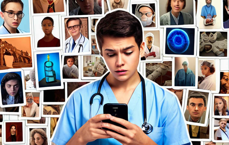 **
A young person scrolling through Instagram on their phone, surrounded by images of various careers (doctors, engineers, artists). The background is a bit cluttered, suggesting the overwhelming nature of online information. The person has a slightly confused expression, hinting at the challenges of filtering information.
**