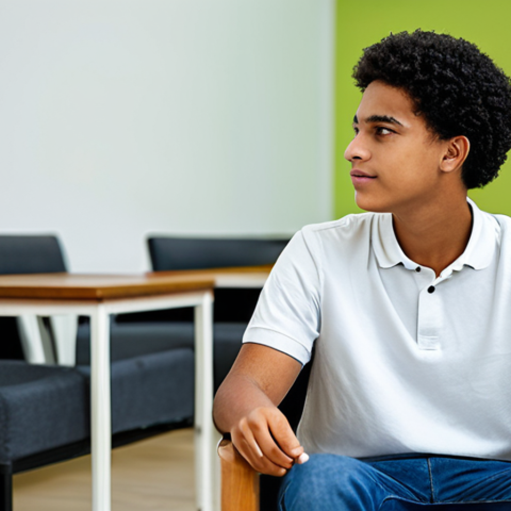 A diverse Brazilian adolescent, fully clothed in modern, modest casual attire, seated comfortably in a serene, contemporary counseling room. The atmosphere is supportive and calm, with soft, natural lighting. The young person is engaged in a thoughtful discussion, reflecting on challenges like digital pressure and mental well-being, but with a sense of hope and openness. The scene emphasizes connection and empathy. Perfect anatomy, correct proportions, natural pose, well-formed hands, proper finger count. Professional photography, high-resolution, soft focus background. safe for work, appropriate content, fully clothed, professional, family-friendly.