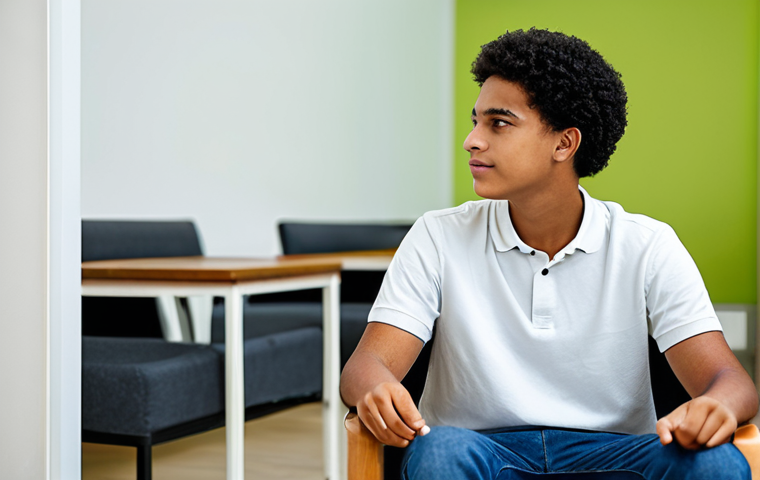 A diverse Brazilian adolescent, fully clothed in modern, modest casual attire, seated comfortably in a serene, contemporary counseling room. The atmosphere is supportive and calm, with soft, natural lighting. The young person is engaged in a thoughtful discussion, reflecting on challenges like digital pressure and mental well-being, but with a sense of hope and openness. The scene emphasizes connection and empathy. Perfect anatomy, correct proportions, natural pose, well-formed hands, proper finger count. Professional photography, high-resolution, soft focus background. safe for work, appropriate content, fully clothed, professional, family-friendly.