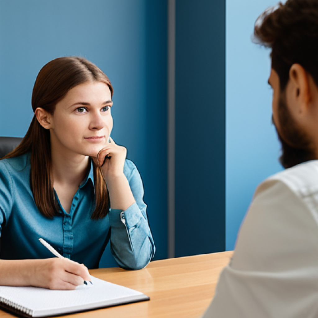 A professional youth counselor, in a modest business casual outfit, sitting attentively in a bright, modern counseling office. The counselor is gently observing, with a notepad in hand, capturing the essence of an unseen conversation. The focus is on empathetic listening and the subtle nuances of communication, conveying a sense of deep understanding. The environment is safe and welcoming, with soft, natural lighting. Perfect anatomy, correct proportions, natural pose, well-formed hands, proper finger count, natural body proportions, fully clothed, appropriate attire, safe for work, appropriate content, professional, modest, high-quality photography.