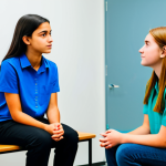 A professional youth counselor, wearing a modest business shirt and trousers, is seated opposite a teenager in a modern, calm counseling office. The counselor leans slightly forward, making eye contact, listening empathetically. The teenager is dressed in appropriate casual attire, appearing thoughtful and engaged in conversation. The background features a clean, minimalist wall and a subtle, blurred modern art piece. The atmosphere is supportive and focused, emphasizing guidance and trust.