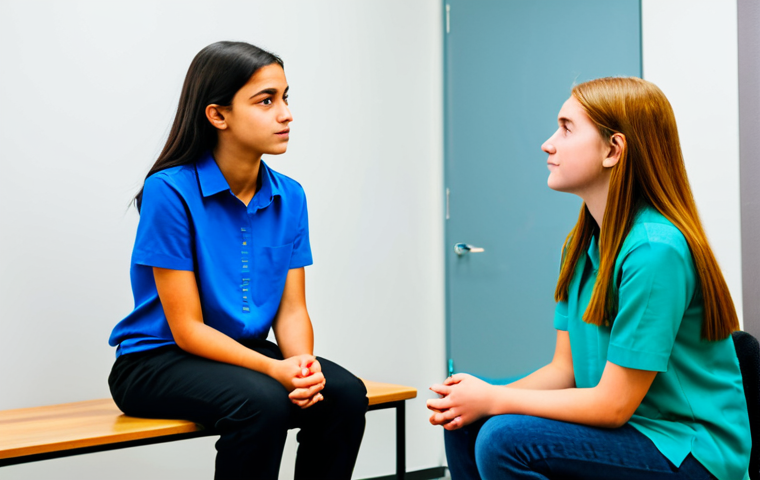 A professional youth counselor, wearing a modest business shirt and trousers, is seated opposite a teenager in a modern, calm counseling office. The counselor leans slightly forward, making eye contact, listening empathetically. The teenager is dressed in appropriate casual attire, appearing thoughtful and engaged in conversation. The background features a clean, minimalist wall and a subtle, blurred modern art piece. The atmosphere is supportive and focused, emphasizing guidance and trust.