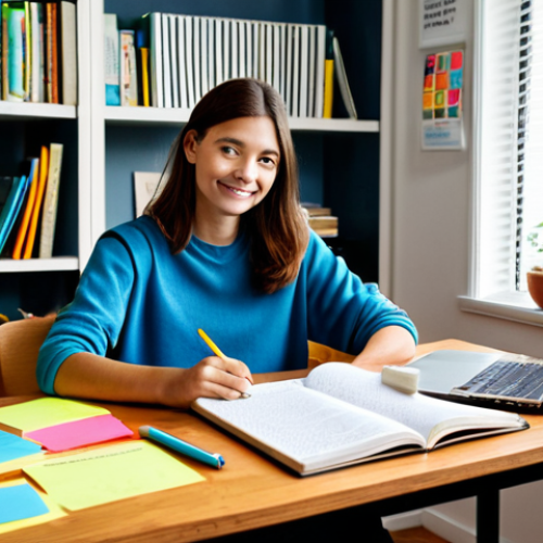 Home 16 Study Planning Scene**
A student, fully clothed in casual study attire, sitting at a desk covered with textbooks and colorful sticky notes. A mind map is visible on the wall behind them. The scene is set in a brightly lit, comfortable home study environment. Bookshelves are in the background. "Safe for work," "appropriate content," "fully clothed," "professional," "modest," "family-friendly," "perfect anatomy," "correct proportions," "natural pose," "well-formed hands," "proper finger count," "natural body proportions," "high quality."
**