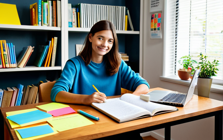 Study Planning Scene**

A student, fully clothed in casual study attire, sitting at a desk covered with textbooks and colorful sticky notes. A mind map is visible on the wall behind them. The scene is set in a brightly lit, comfortable home study environment. Bookshelves are in the background. "Safe for work," "appropriate content," "fully clothed," "professional," "modest," "family-friendly," "perfect anatomy," "correct proportions," "natural pose," "well-formed hands," "proper finger count," "natural body proportions," "high quality."

**