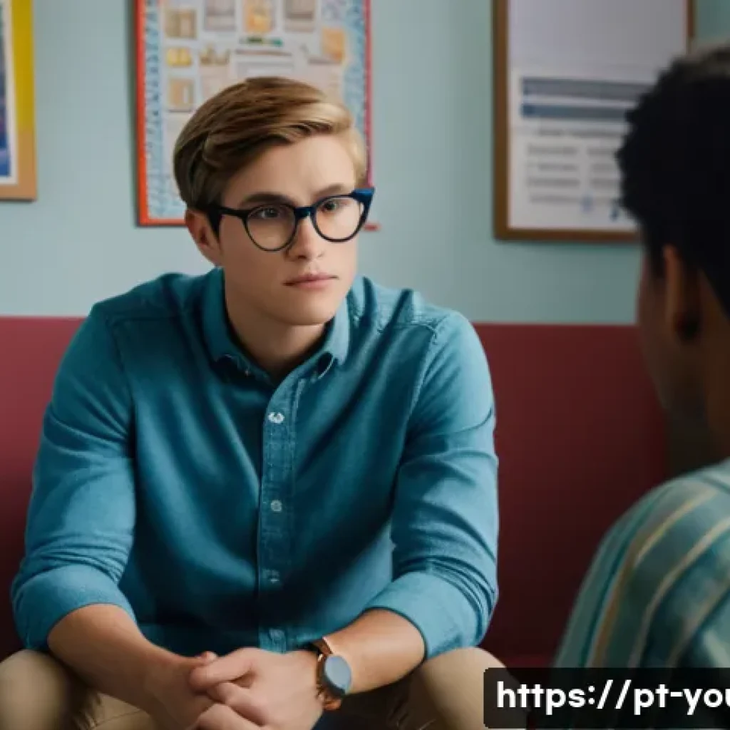 청소년상담사 상담사례 분석을 위한 가이드 - A compassionate school counselor attentively listening to a teenage boy wearing casual clothes and g...