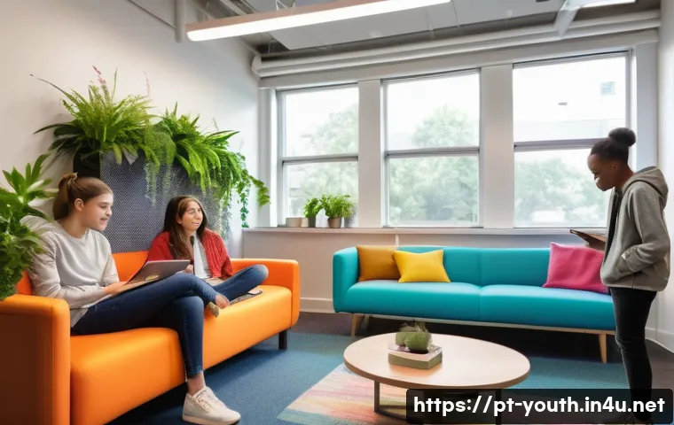 청소년상담사로서의 자기계발 방법 - A warm and inviting counseling room set in a modern urban environment, featuring a compassionate you...