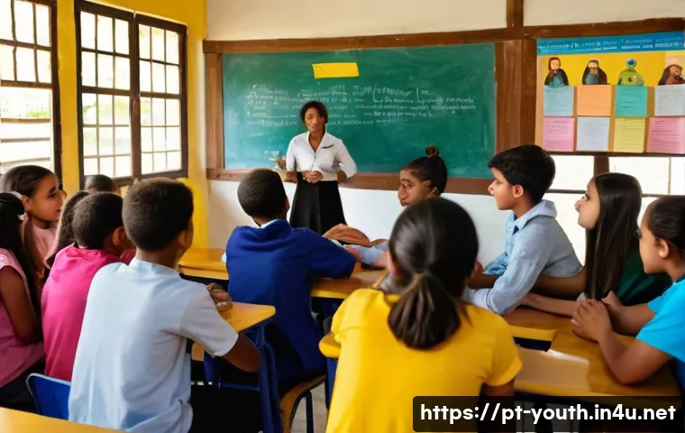 청소년상담사 자격증 취득 후 진로 탐색 방법 - A warm, inviting classroom scene in a Brazilian public school where a young, casually dressed youth ...