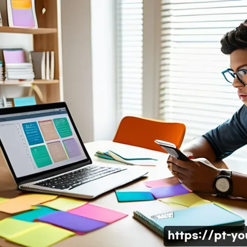 청소년상담사 자격증 취득을 위한 멘토링 - A focused young adult studying at a cozy desk with a laptop, notebooks, and digital tools like a tab...