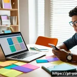 Home 18 청소년상담사 자격증 취득을 위한 멘토링 - A focused young adult studying at a cozy desk with a laptop, notebooks, and digital tools like a tab...