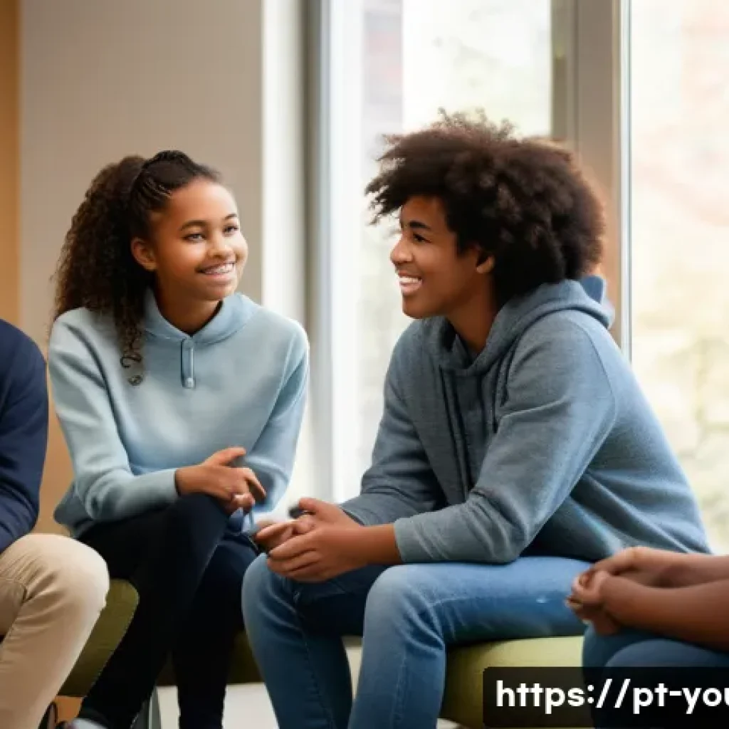 청소년상담사 현장 상담 사례 분석 - A diverse group of teenagers in a warm, inviting counseling room engaged in a group therapy session,...