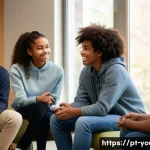 Home 23 청소년상담사 현장 상담 사례 분석 - A diverse group of teenagers in a warm, inviting counseling room engaged in a group therapy session,...