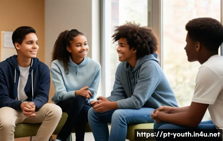 청소년상담사 현장 상담 사례 분석 - A diverse group of teenagers in a warm, inviting counseling room engaged in a group therapy session,...