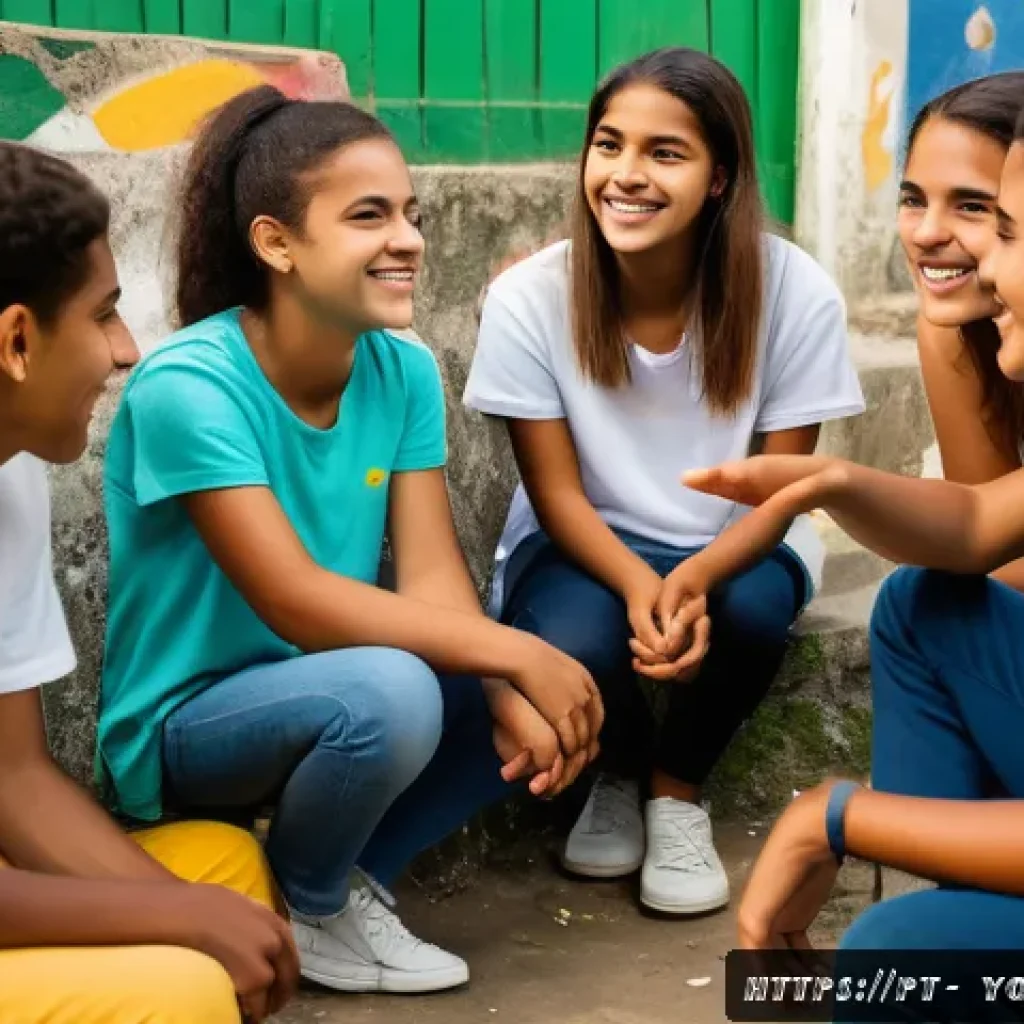 청소년상담사 시험에 나올 수 있는 기출문제 - A diverse group of Brazilian teenagers, aged 15 to 18, participating in a vibrant community youth co...