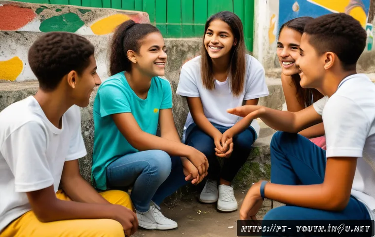 청소년상담사 시험에 나올 수 있는 기출문제 - A diverse group of Brazilian teenagers, aged 15 to 18, participating in a vibrant community youth co...