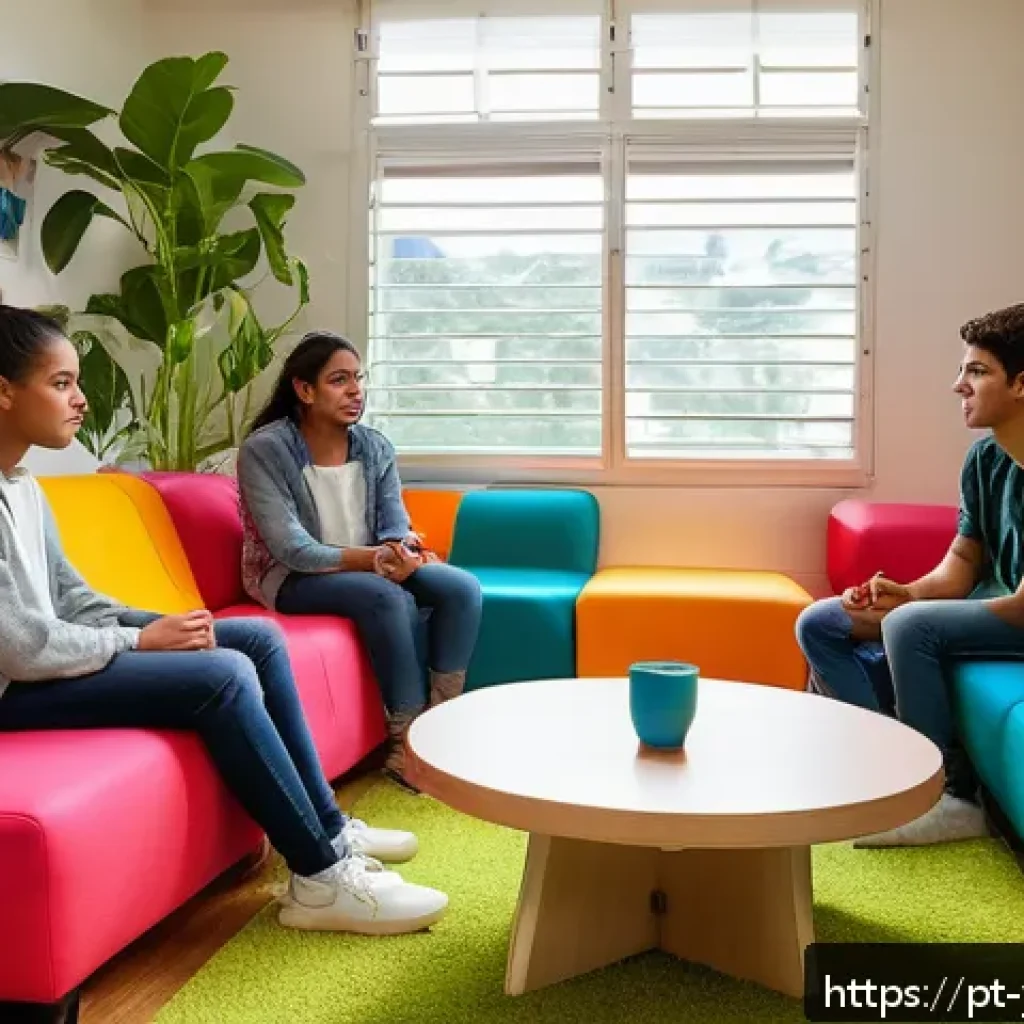 청소년상담사 윤리적 문제와 해결책 - A warm, inviting counseling room set in a modern Brazilian youth center, featuring a diverse group o...