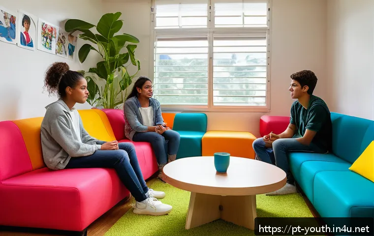 청소년상담사 윤리적 문제와 해결책 - A warm, inviting counseling room set in a modern Brazilian youth center, featuring a diverse group o...