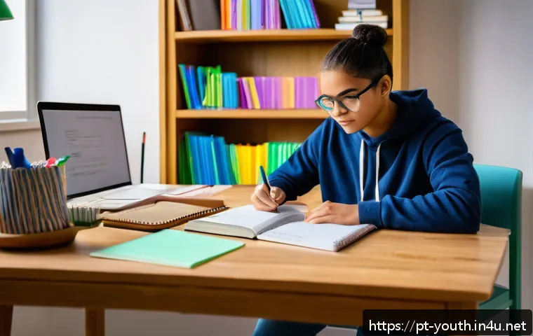 청소년상담사 시험 대비 실전 팁 - A cozy, well-lit study room featuring a young adult student sitting at a wooden desk with organized ...