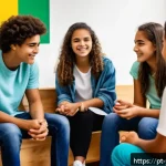 Home 23 청소년상담사와 관련된 최신 서적 리뷰 - A diverse group of Brazilian teenagers sitting in a bright, modern counseling room, engaged in a liv...