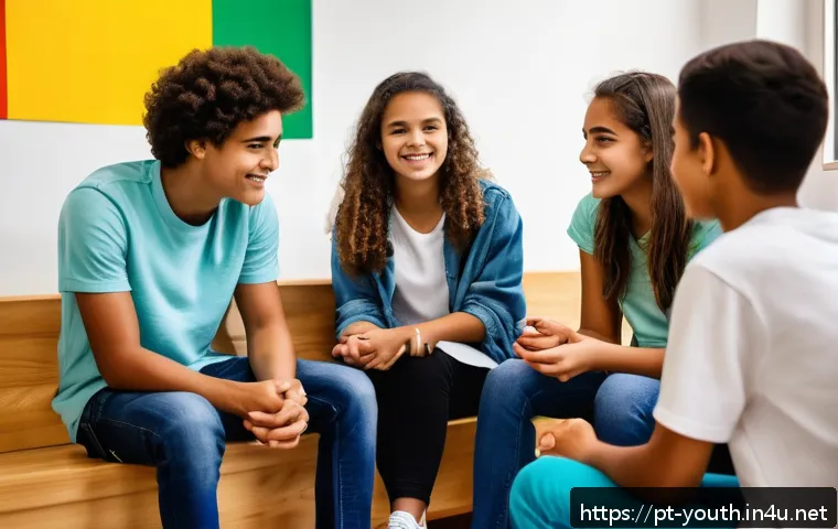 청소년상담사와 관련된 최신 서적 리뷰 - A diverse group of Brazilian teenagers sitting in a bright, modern counseling room, engaged in a liv...